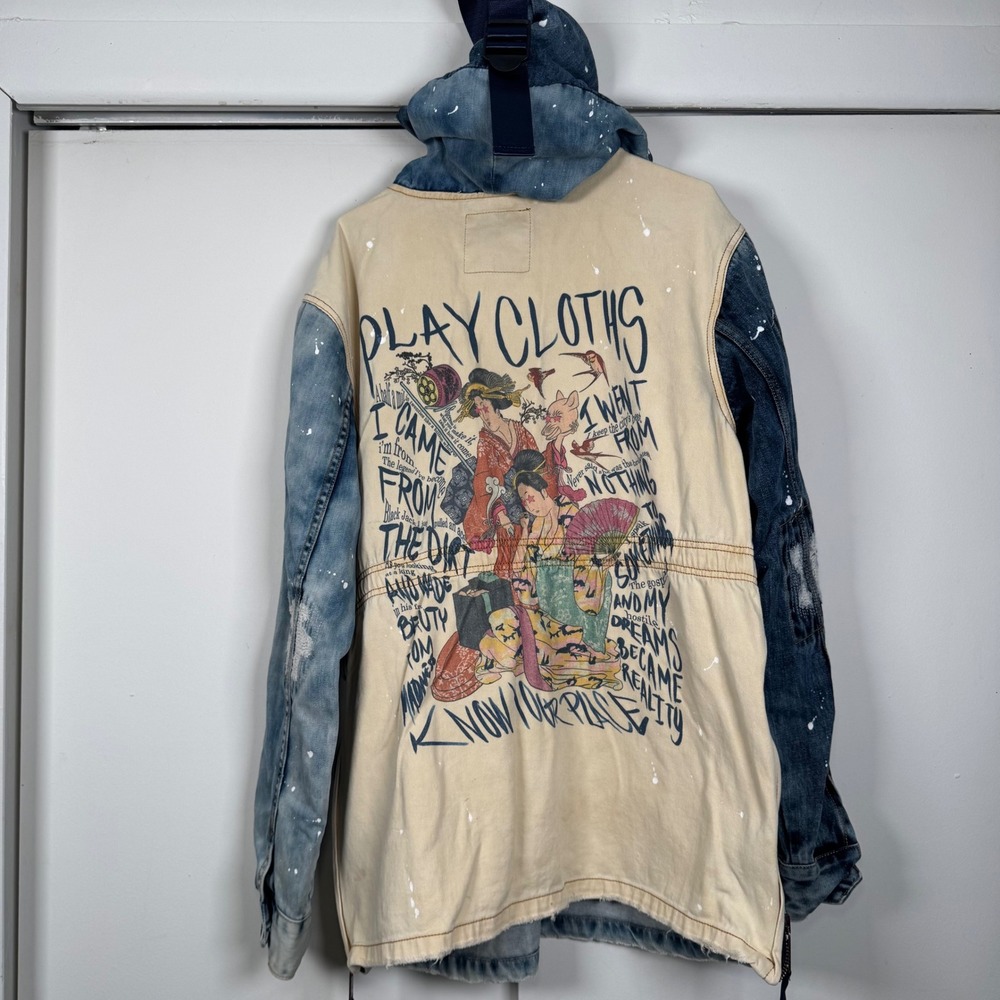Play Cloths Mens‎ Denim Anorak Jacket Blue Distressed Graphic Hooded Streetwear - Picture 3 of 6